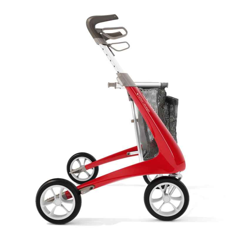 byACRE Grocery Bag mounted on a red Carbon Ultralight rollator, side view